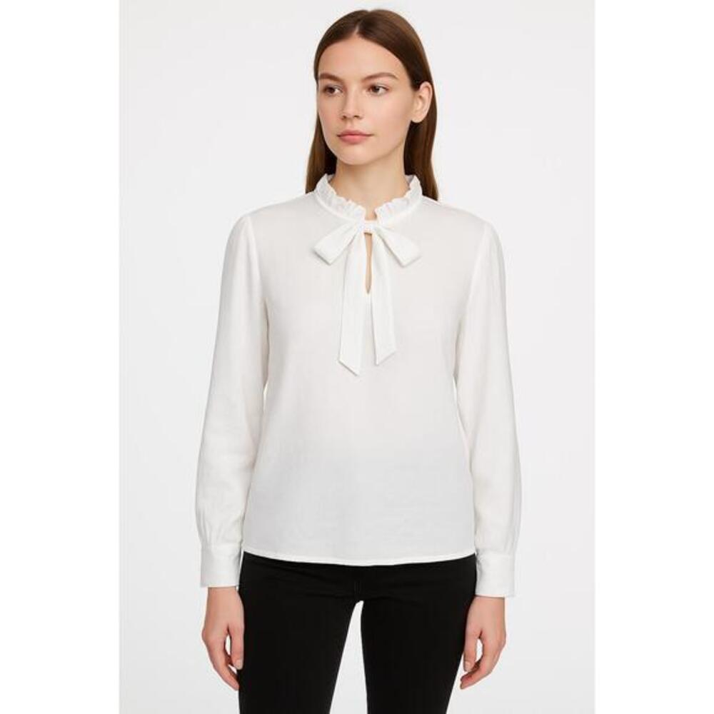 Anthropologie Maje Blouse White Bow Tie neck Long Sleeve Ruffled Collar Keyhole